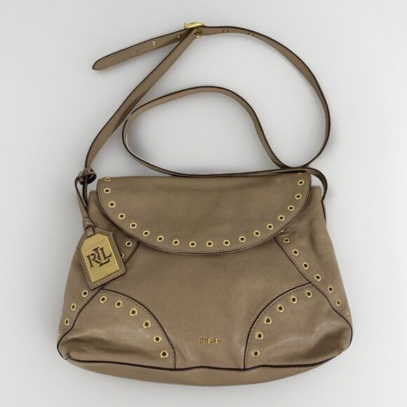 Ralph Lauren LRL Morley Taupe Foldover Flap Grommet Crossbody Shoulder Bag Purse - Picture 1 of 16